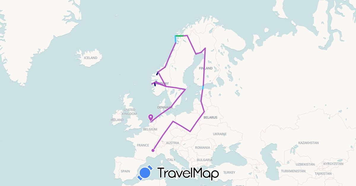 TravelMap itinerary: driving, bus, train, boat in Germany, Denmark, Estonia, Finland, France, Lithuania, Latvia, Netherlands, Norway, Poland, Sweden (Europe)